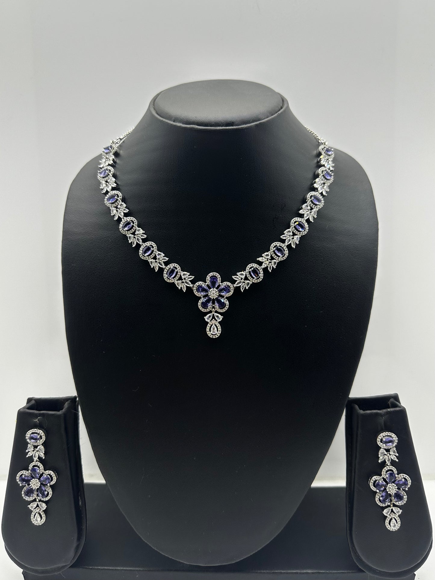 Sapphire Floral Necklace and Earrings Set.